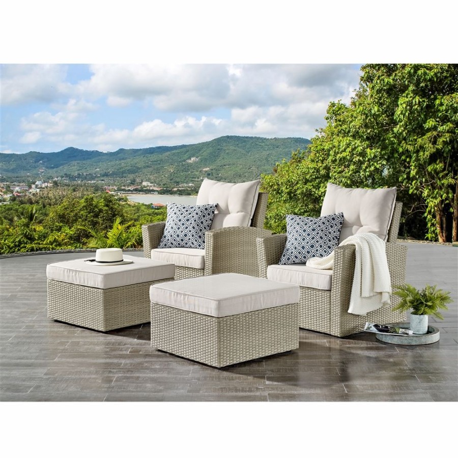 * Alaterre Canaan All-Weather Wicker Outdoor Seating Set W/ 2 Chairs & 2 Large Ottomans New