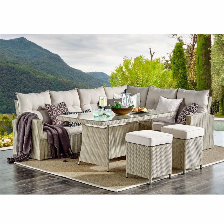 * Alaterre Canaan Off-White Frame Patio Dining Set With Tan Cushions Included 4-Piece New