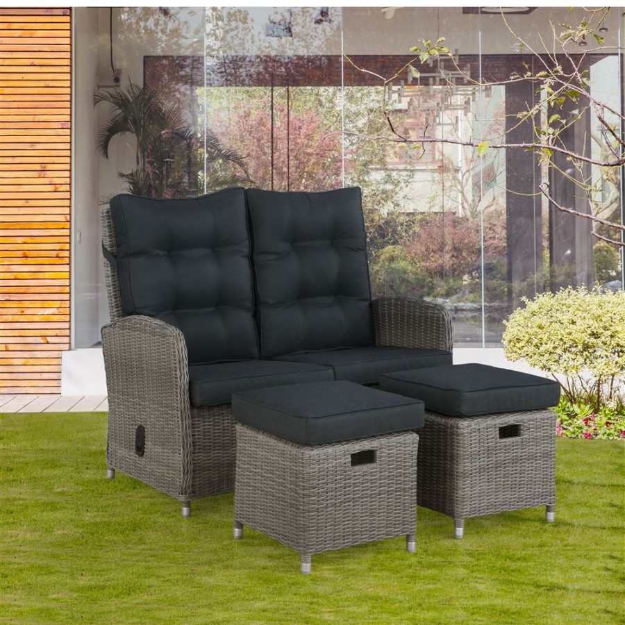 * Alaterre Monaco Wicker Outdoor Reclining Loveseat And 2 Ottomans With Cushions And Black Aluminum Frame Clearance