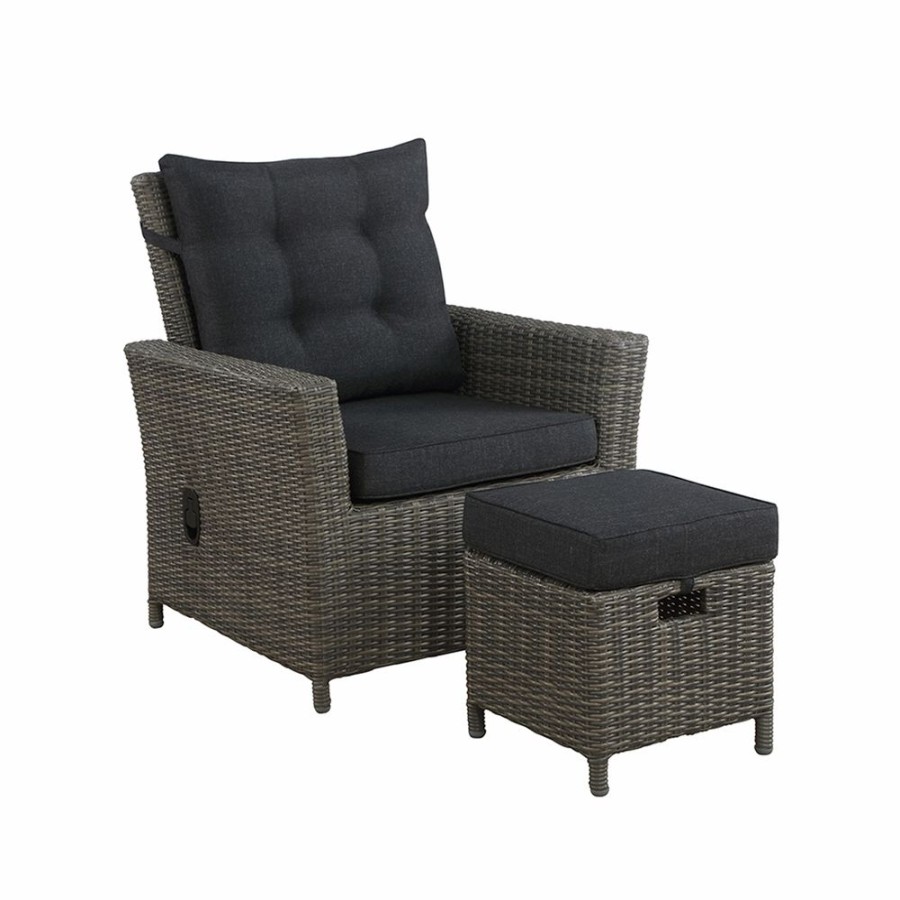 * Alaterre Asti Grey Wicker Metal Stationary Recliner Chair And Ottoman With Dark Grey Cushioned Seat Clearance