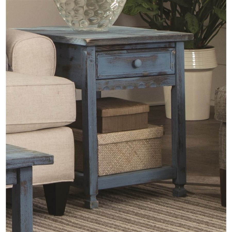 * Alaterre Country Cottage Antique Blue Wood Square End Table With Drawer Wholesale