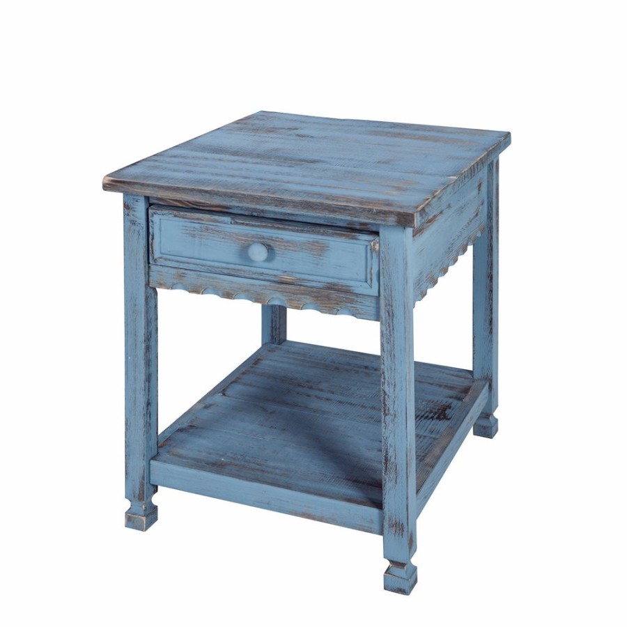 * Alaterre Country Cottage Antique Blue Wood Square End Table With Drawer Wholesale