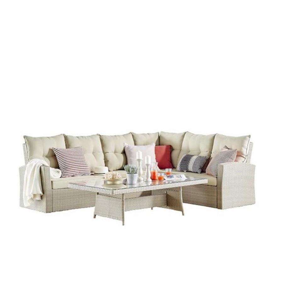 * Alaterre Canaan Wicker Outdoor Corner Sofa And Coffee Table With Cushions And Off-White Aluminum Frame Online