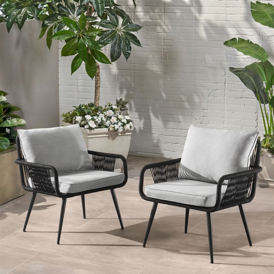 * Alaterre Andover Black Metal Stationary Conversation Chairs With Grey Cushioned Seat Set Of 2 New