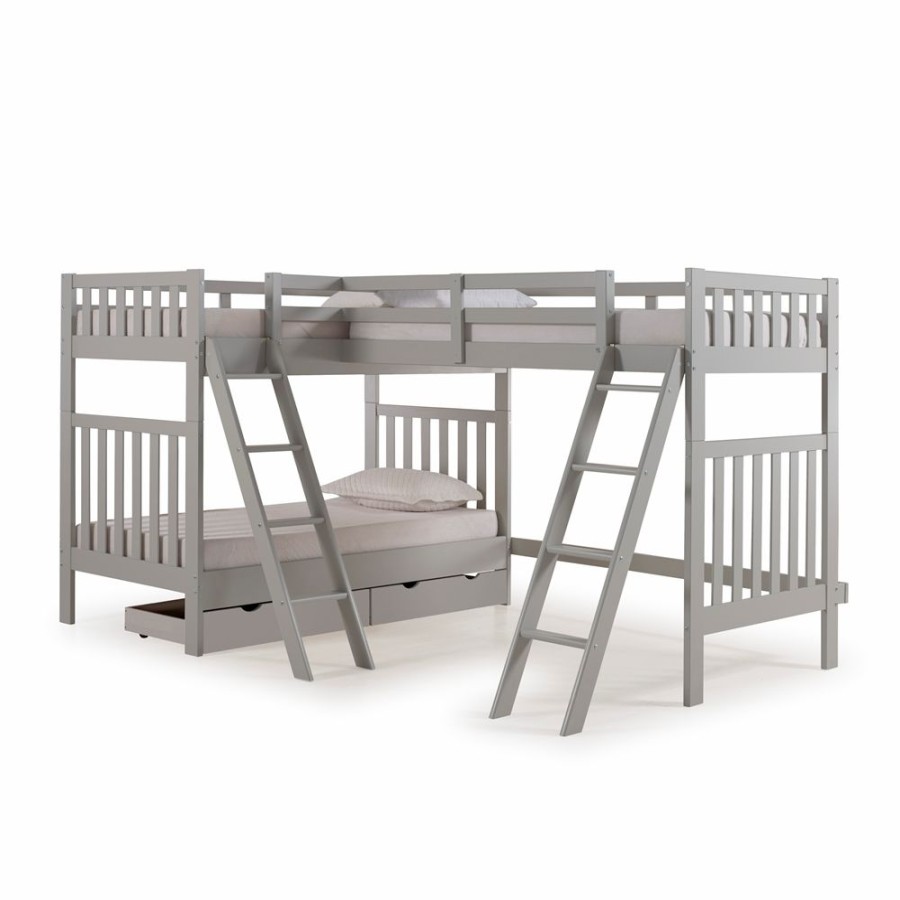 * Alaterre Aurora Dove Grey Twin Over Twin Bunk Bed With Third Bunk Bed Extention And Integrated Storage Hot