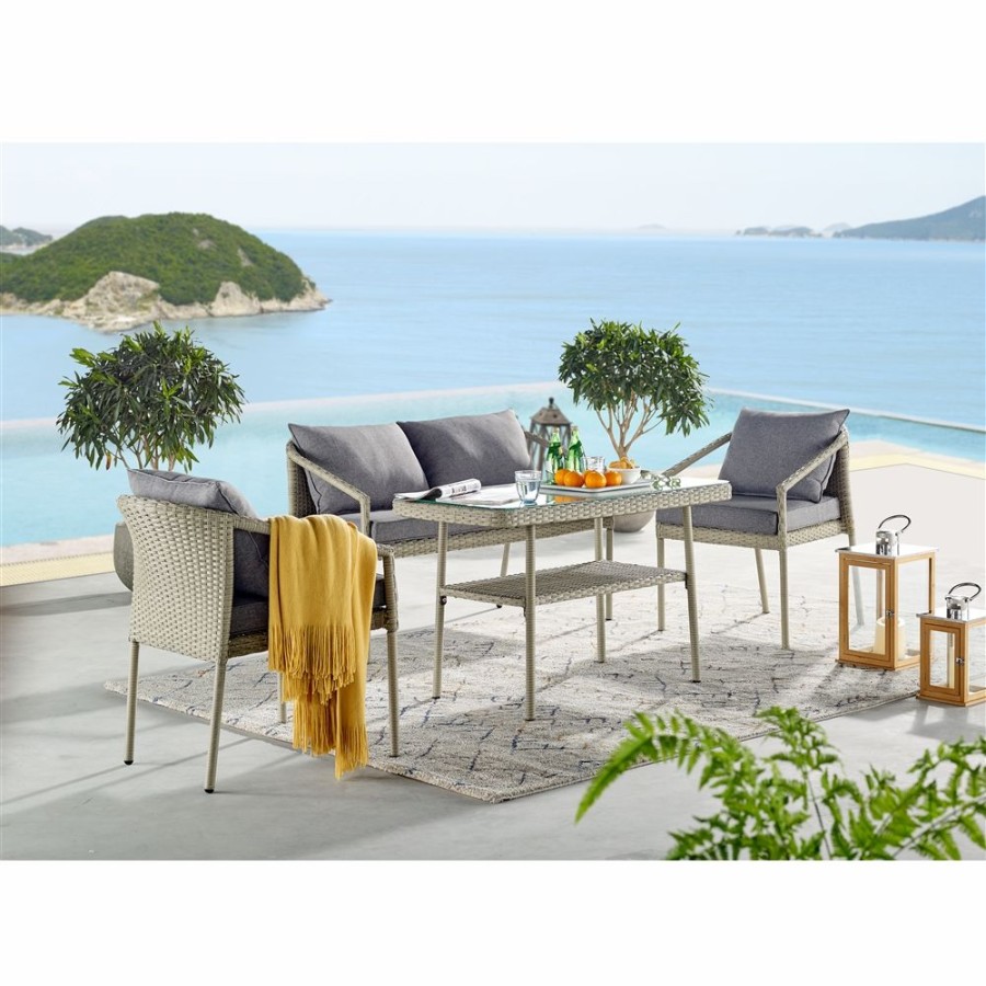 * Alaterre Windham All-Weather Conversation Set W/ Cocktail Table, 2 Chairs & 2-Seat Bench Online