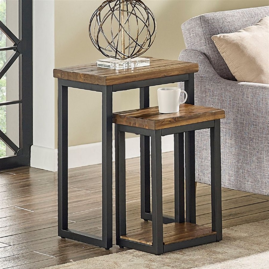 * Alaterre Claremont Colonial Brown Acacia Nesting Accent Table Set 2-Piece New