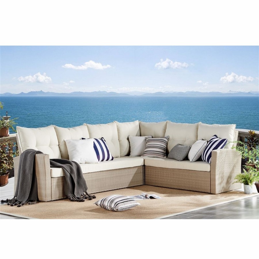 * Alaterre Canaan Wicker Outdoor Corner Sectional Sofa With Cushions And Beige Aluminum Frame Wholesale