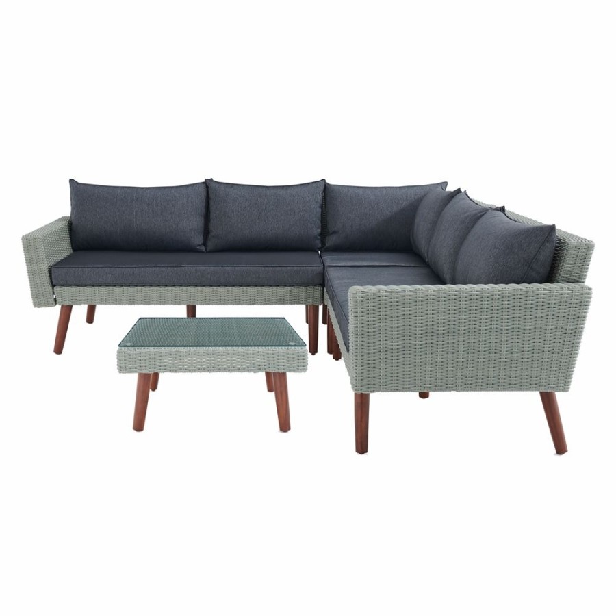 * Alaterre Albany Wicker Outdoor Sofa And Coffee Table With Cushions And Grey Wicker Frame New