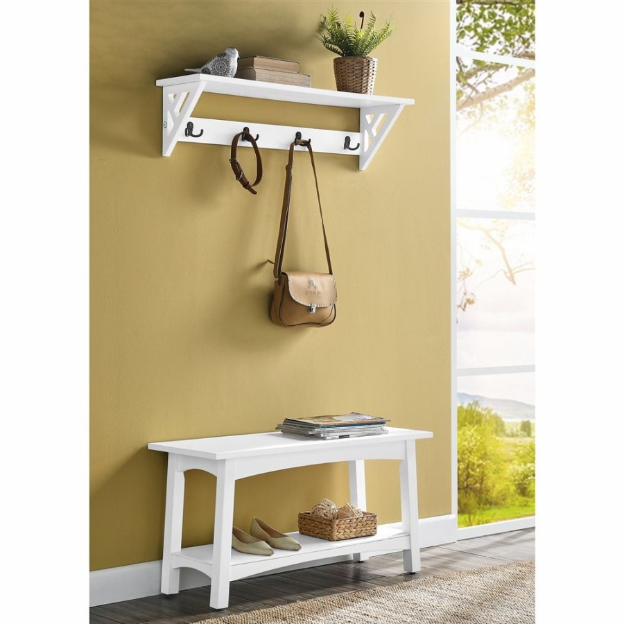 * Alaterre Coventry White 4-Hook Hook Rack With Shelf And Bench New