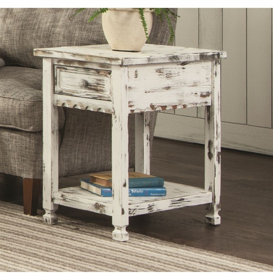 * Alaterre Country Cottage Antique White Wood Rectangular End Table With Drawer Hot