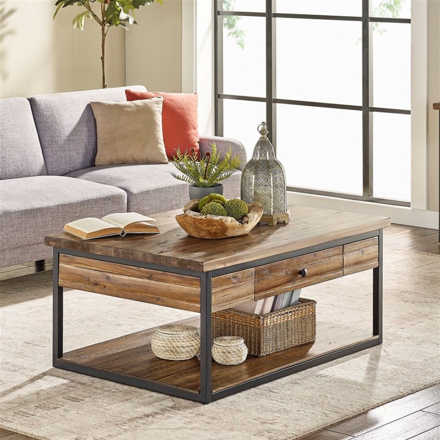 * Alaterre Claremont 48-In Rustic Wood Coffee Table With Drawer And Low Shelf Clearance