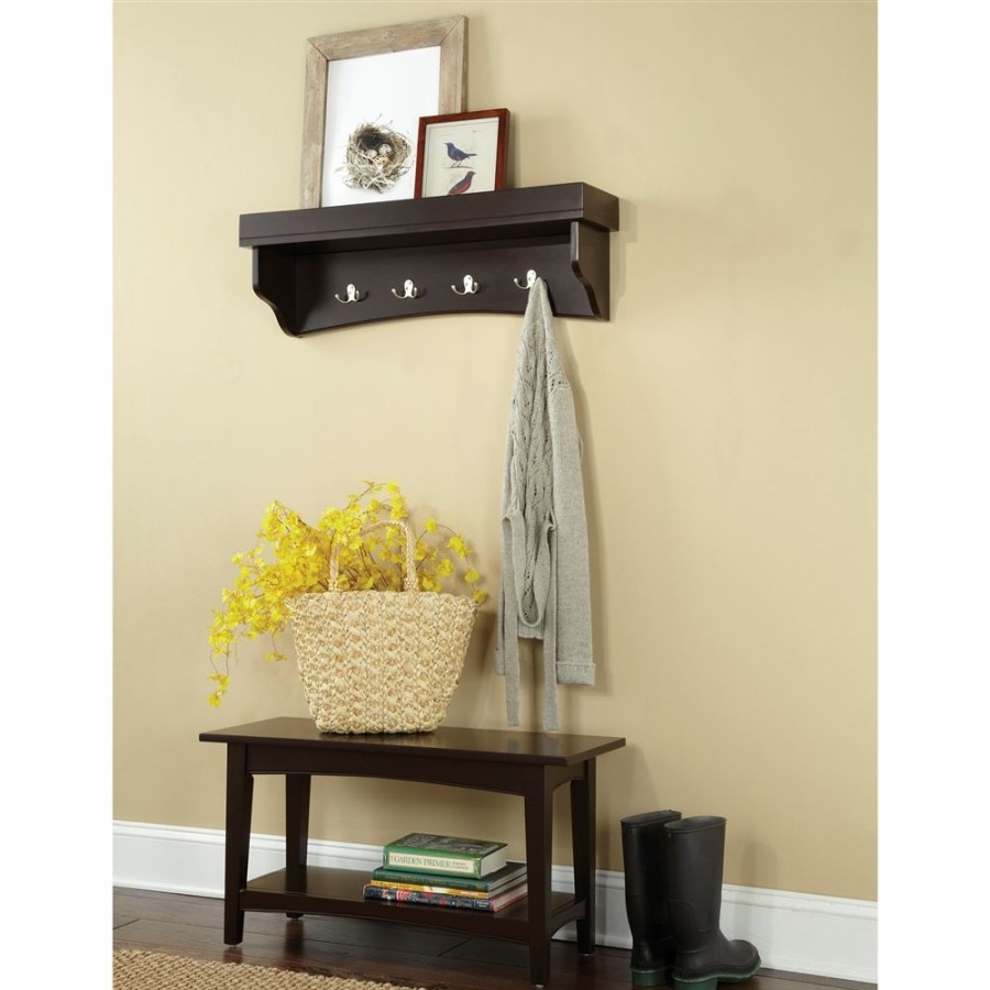 * Alaterre Shaker Cottage Chocolate 4-Hook Hook Rack With Tray Shelf And Bench Hot