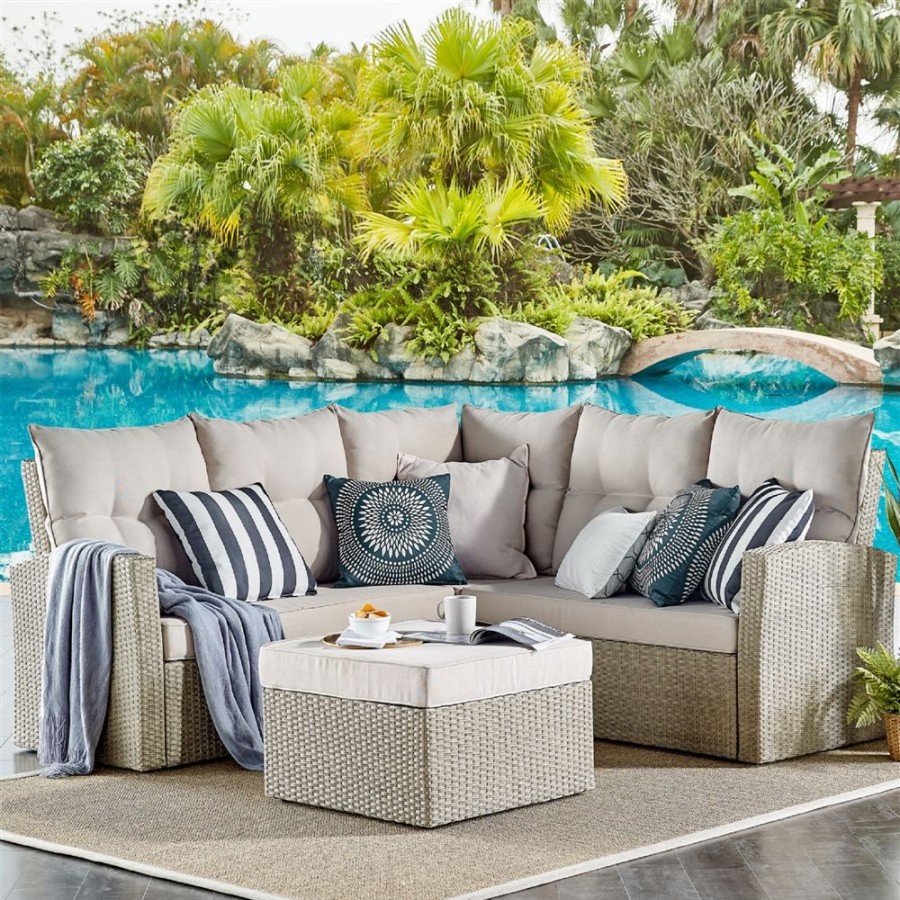 * Alaterre Canaan Wicker Outdoor Sectional Sofa With Cushions And Beige Aluminum Frame Clearance