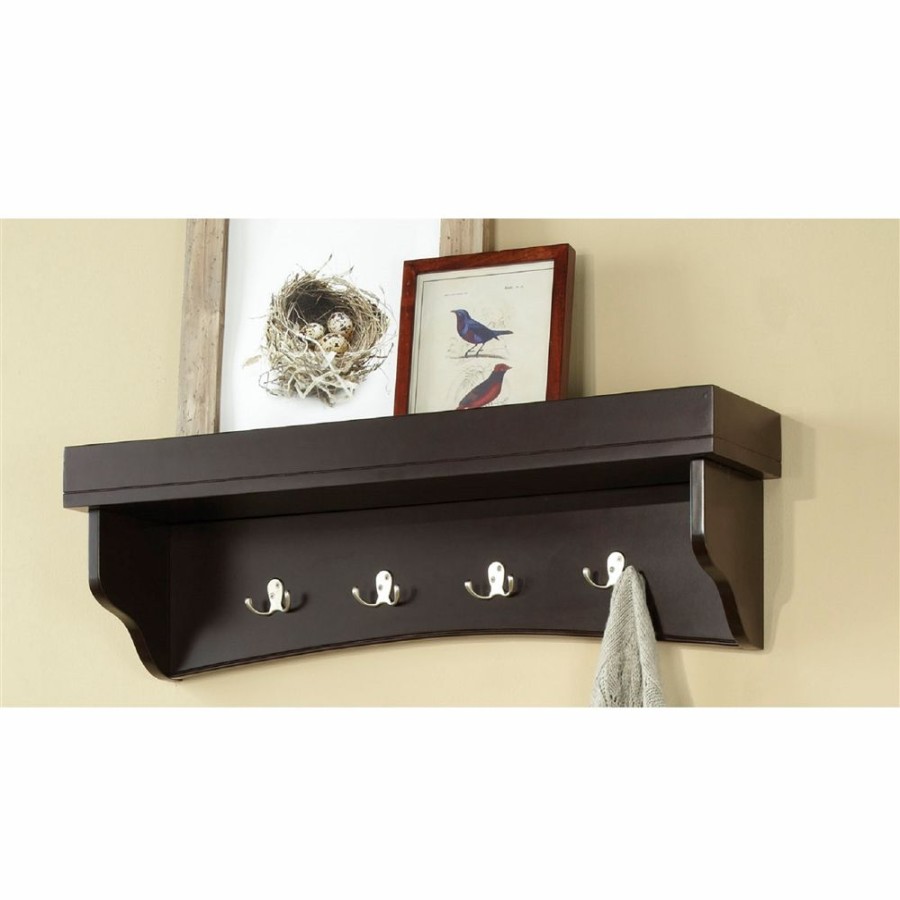 * Alaterre Shaker Cottage Chocolate 4-Hook Hook Rack With Tray Shelf New