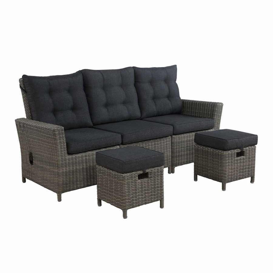 * Alaterre Asti Wicker Outdoor Reclining Sofa And 2 Ottomans With Cushions And Black Aluminum Frame New