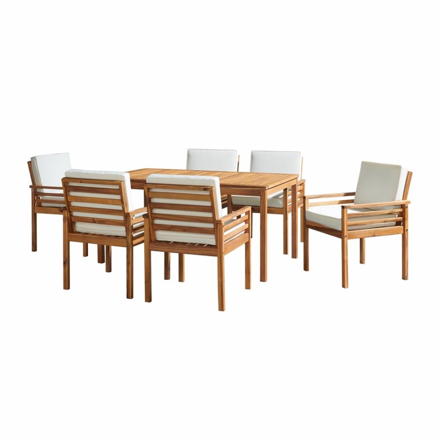 * Alaterre Okemo Natural Wood Frame Patio Dining Set With Tan Cushions Included 7-Piece New