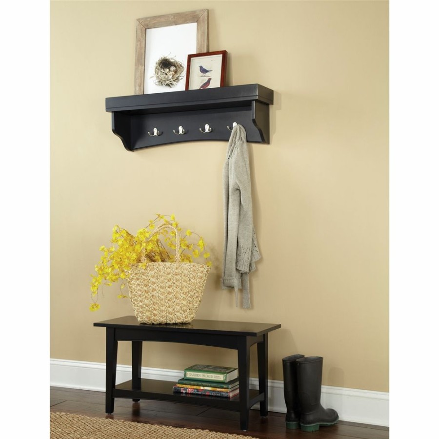 * Alaterre Shaker Cottage Charcoal Grey 4-Hook Hook Rack With Tray Shelf And Bench New