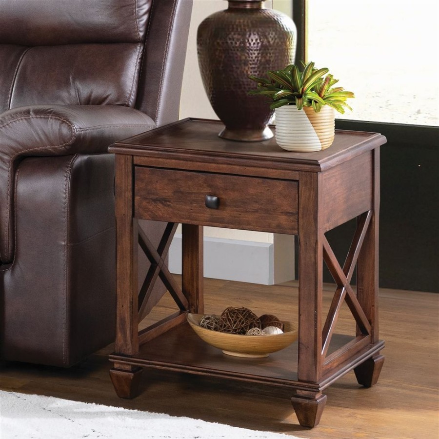 * Alaterre Stockbridge Distressed Cherry Wood Square End Table With Drawer Hot