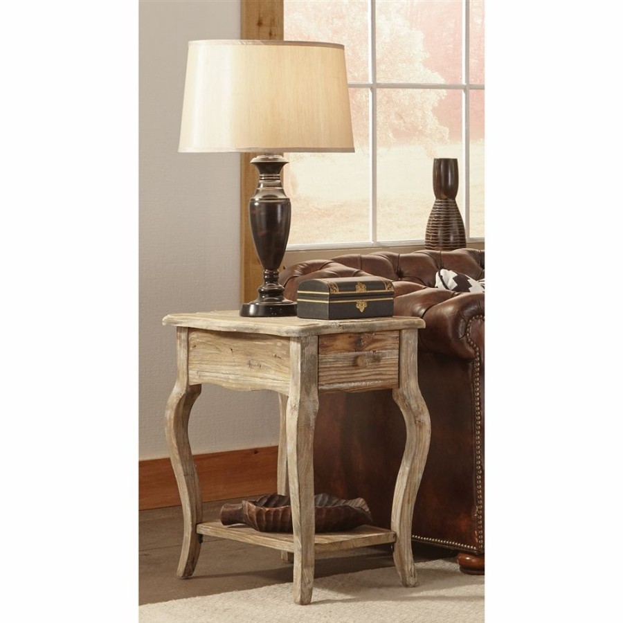 * Alaterre Rustic Driftwood Wood Rectangular End Table With Drawer New