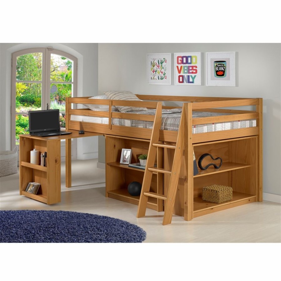 * Alaterre Roxy Cinnamon Twin Frame Loft Bed With Pull-Out Desk, Shelving And Bookcase New