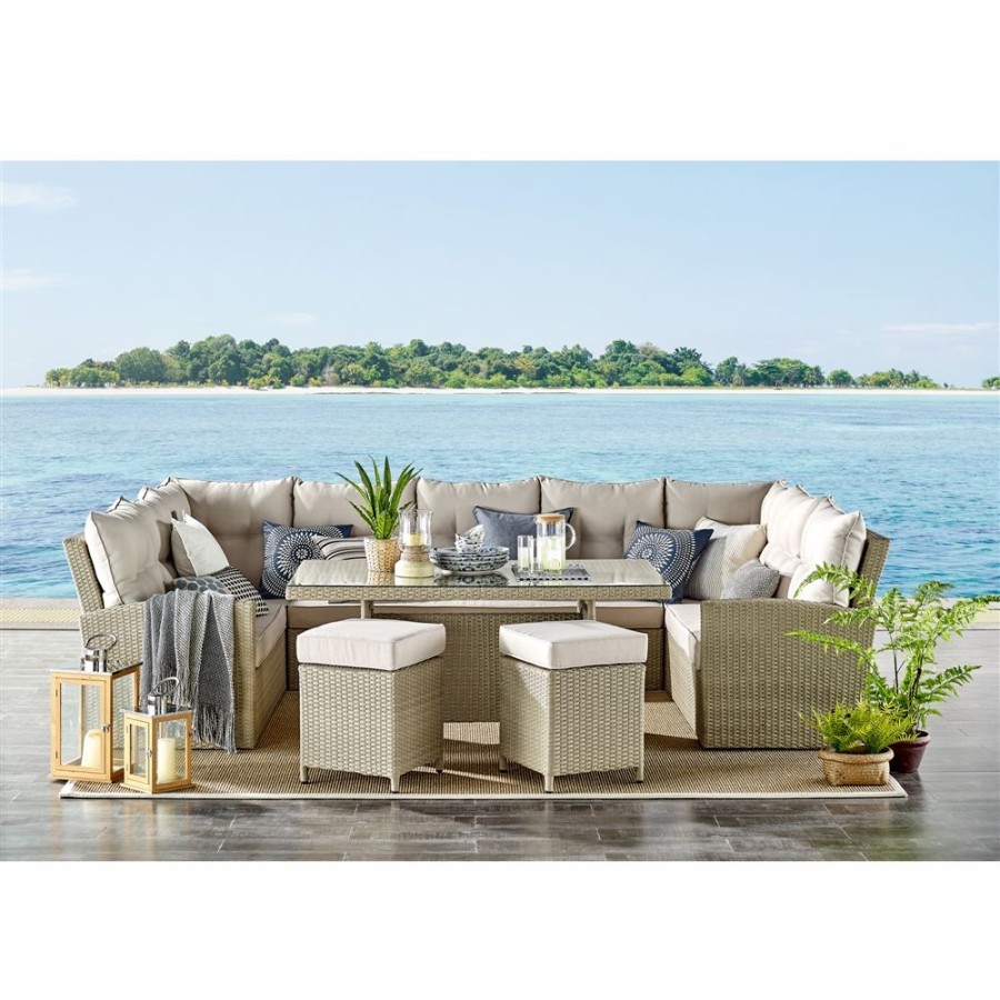 * Alaterre Canaan Wicker Outdoor Sofa With Cushions And Beige Aluminum Frame Clearance