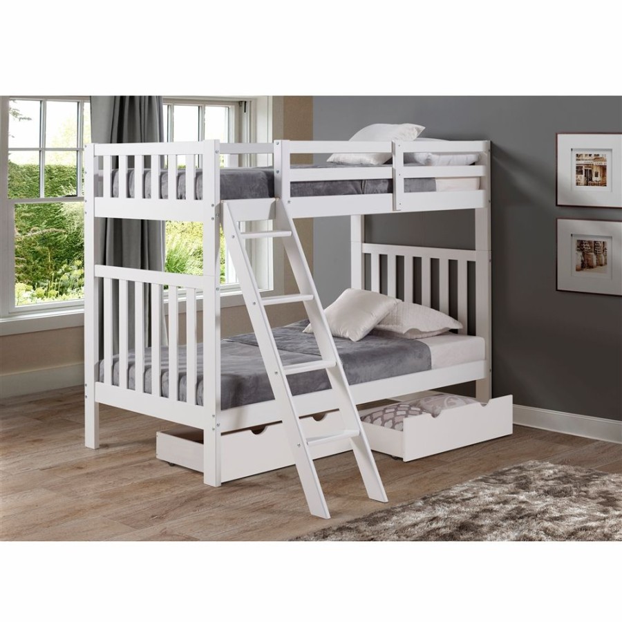 * Alaterre Aurora White Twin Over Twin Bunk Bed With Integrated Storage Clearance