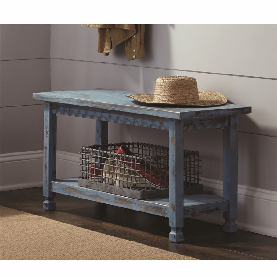 * Alaterre Country Cottage Rustic Antique Blue Accent Bench Hot